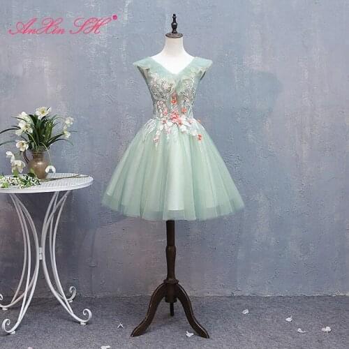 AXJFU princess green lace flower evening dress party vintage v neck illusion red flower ruffles sleeveless green evening dress