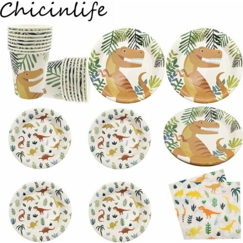Chicinlife 8Pcs Dinosaur Leaf Palm Paper Plates Cups Napkin Disposable Tableware Baby Shower Kids Favors Birthday Party Supplies