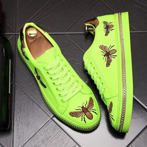 ERRFC New Arrival Mens Green Casual Comfort Shoes Fashion Round Toe Embroidered British Trending Leisure Shoes White Size 38-43