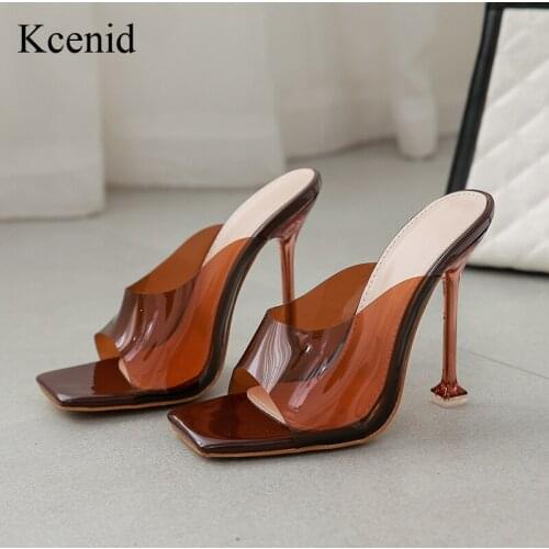 Kcenid Brown Slides Women Slippers Fashion Transparent Perspex Heel Ladies Shoes Square Toe High Heel Sandals Summer Party Shoes