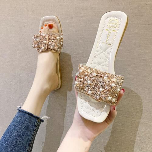 Lisapie 2021 New Women slippers Summer Style Bling Bowtie Jelly Shoes Woman Casual Peep Toe Sandal Rhinestone Flat Slides Shoes