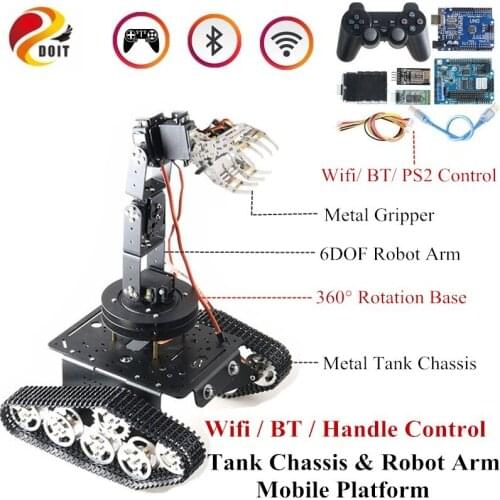 Remote Control Robot Mobile Platform Metal T300 RC Tank Chassis with 6DOF Robot Arm With Claw 360 Degree Rotating Base DIY Set