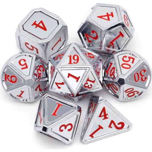 Haxtec Metal DND Dice Set Classic Collection D&D Polyhedral Dice for TTRPG-Silver Red Numbers