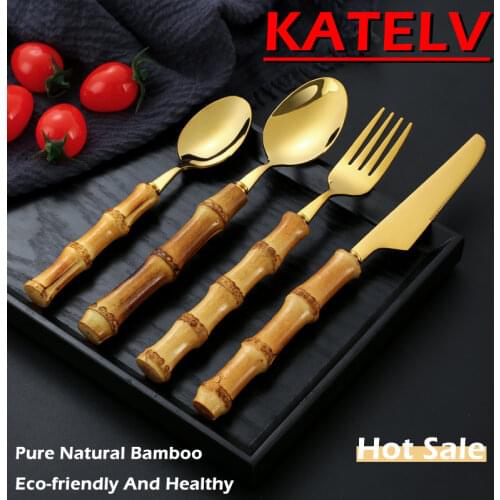 4Pcs Bamboo Handle Tableware Steel Steak Knives Forks Tea Dessert Spoons Gold Cutlery For Luxury Dinnerware Set