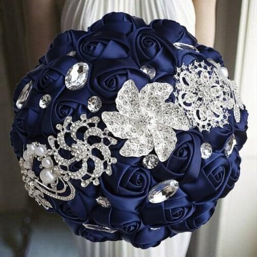1pc/lot Cheap Pure navy Silk Wedding Bouquet with Silver Gem,New Pure Color White Bridal Flower,Bowknot Holding Bouquet