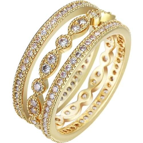 New Arrival Unique Micro white Zircon Pave Setting gold-color Finger Ring for Women Wedding Party Elegant Fashion Jewelry 3pcs