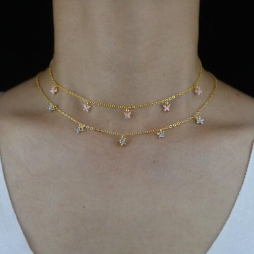 2021 New Arrived Pink Green Cubic Zirconia CZ Tiny Cute Lovely Butterfly Charm Choker Necklace Gold COLOR