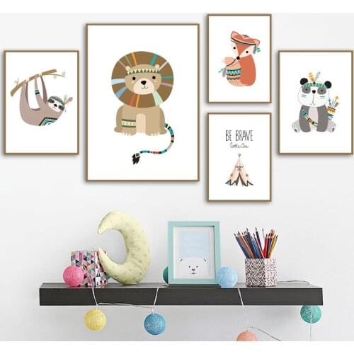 Lion Panda Fox Sloth Tent Nursery Wall Art Canvas Painting Nordic Posters And Print Boho Wall Pictures Baby Kids Room Home Decor