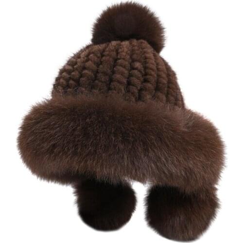 Genuine Mink Fur Bomber Hats Fox Poms Winter Warm Caps Fashion Ear Protector LF9130