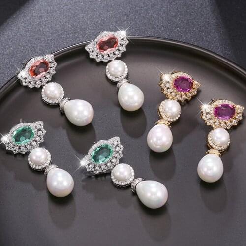 Eyer Wedding Party Jewelry White Teardrop Sea Shell Pearl Green Cz Pave Flower Dangle Earrings Femme Fashion Dating Jewelry