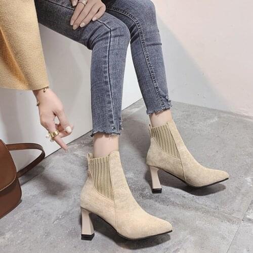 Fashion Socks boots Knitted Stretch Womens Ankle Boots 2019 Elegant Pointed Toe Mid Heel Boots Ladies Booties Metal Heel U22-05