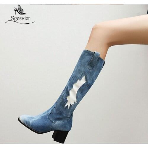 Sgesvier Black Blue Denim Long High Heel Western Cowboy Boots for Women Sewing Knight Tall Knee High Ladies Boots Shoes