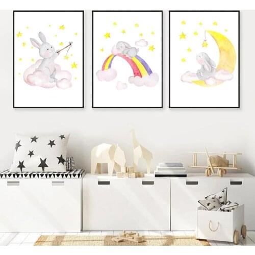 Abstract Rainbow Wall Art Poster Rabbit Animal Art Print Moon Star Cloud Canvas Painting Nordic Pictures Baby Kids Room Decor