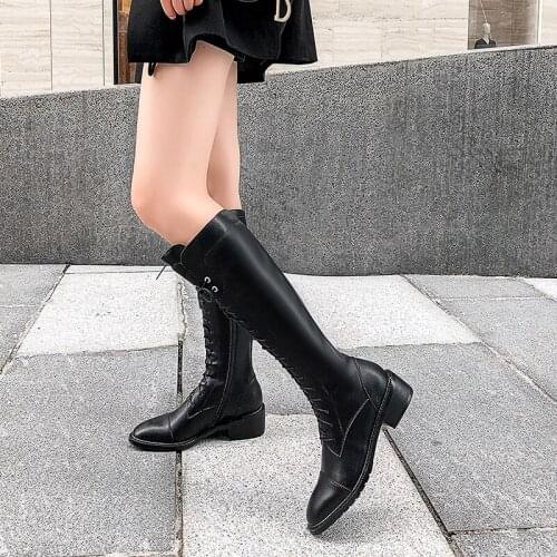 Black high boots boots straps low heel round head fashion casual knees ladies boots leather new boots large size boots