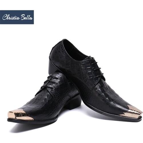 Christia Bella Mid Hell Genuine Leather Men Business Shoes Fashion Large Size Lace up Metal Square Toe Formal Dress Shoes