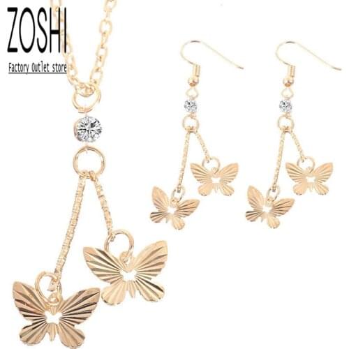 CZ Crystal Butterfly Jewelry Set For Women Romantic Animal Necklace Set Gold Plated Metal Carved Hollow Butterfly Earrings Set