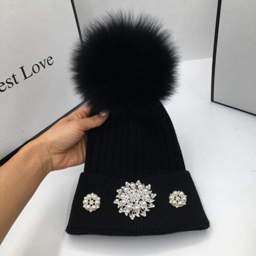 Hat really new winter skullies beanies with fox fur bulb diamond flower for women fashion popular logo warm