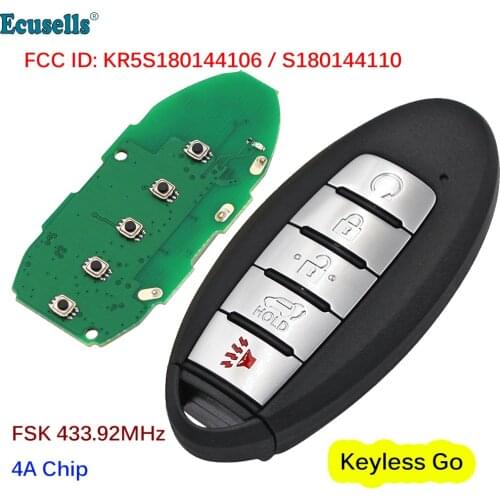 Keyless Go 5 Buttons Smart Remote Key FSK 433.92MHZ 4A Chip for Nissan Rogue 2017-2019 FCC ID: KR5S180144106 / S180144110