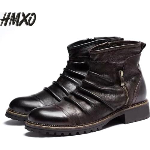 HMXO Chelsea handsome Men Shoes Retro Cowboy Boots Leather Boots High-top Martin Boots British Style Mens Casual Short Boots
