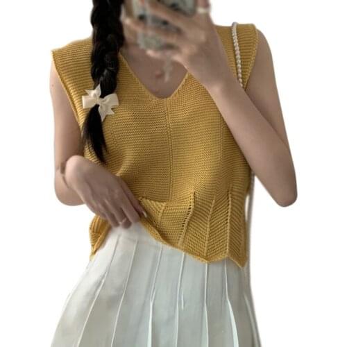 Summer Wear Sleeveless Vest Hollow Out Irregular Hem Women V-neck Loose Knit Tank Tops
