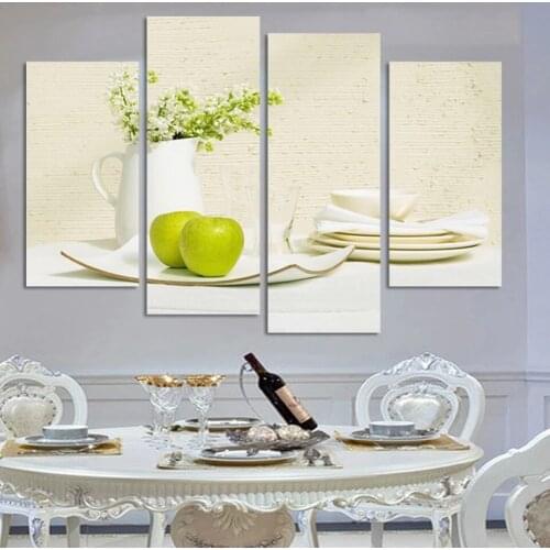 4 Pieces Hd Print Modular Apple Vase Tableware Posters Wall Art Home Decor for Kitchen Restaurant Home Frameless Canvas Painting