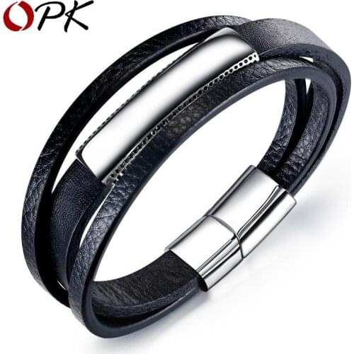 Factory Wholesale Cross Border Stainless Steel Hand Ornament Multilayer Fashion Brand Leather Bracelet Black Simple Mens Leathe
