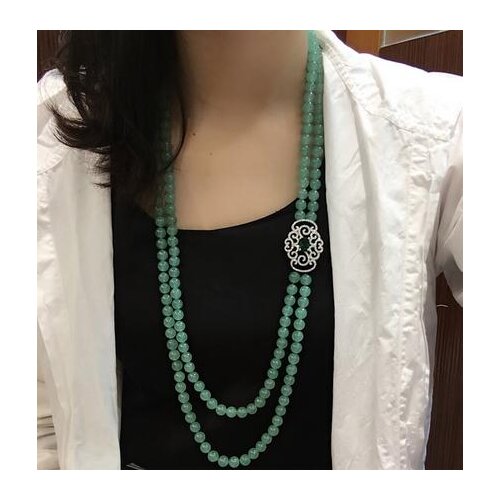 Natural dongling green jade beads multilayer micro inlay zircon clasp long necklace sweater chain fashion jewelry