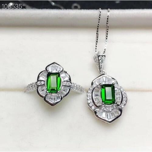 Natural green diopside jewelry sets natural gemstone ring Pendant 925 silver Stylish Cute Sun flower women girl gift jewelry