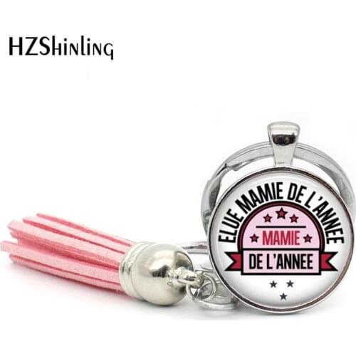 TAK--113 New Fashion Elue Mamie del'annee Tassel Key Chain Handcraft Super Mamie Glass Cabochon Keyring Gifts for MAMA