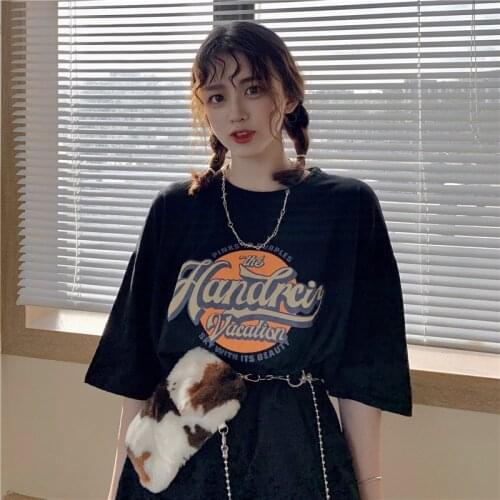 2021 Spring And Summer New Korean Loose T-shirt Round Neck Printing Letters Short-sleeved T-shirt Womens Bottoming Shirt Top