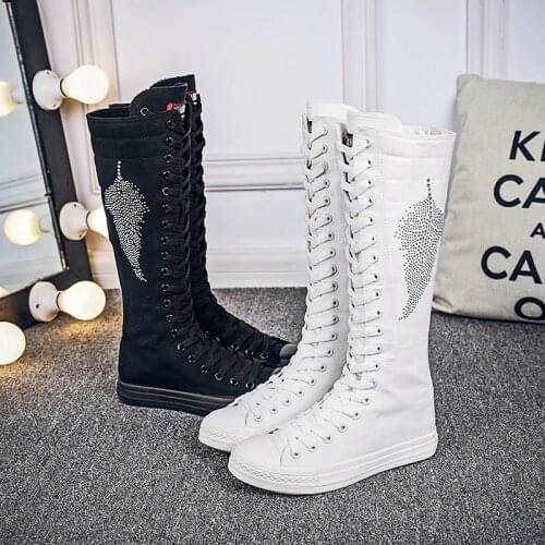 Size 34-43 Women fashion High-top Crystal Leaf flat boots Long-barreled casual flats canvas boots Height Increasing Shoes MA-76G