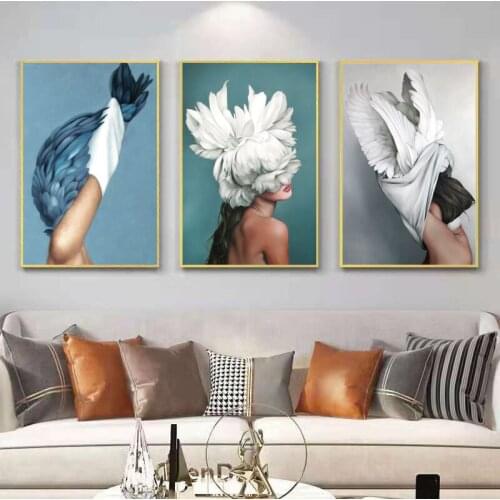 Feather Girl Modern Black And White Angel Beauty Abstract Paintings Living Room Light Luxury Decorative Painting
