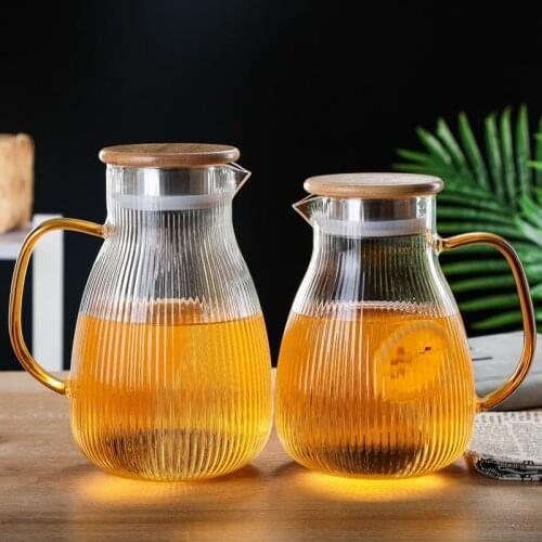 Glass striped cold water jug with bamboo cover household vertical-patterned cold water jug juice jug transparent glass water jug