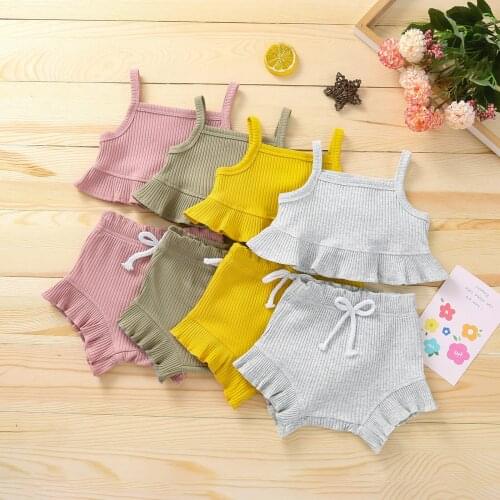 #VW Newborn Baby Girls Sets Solid Clothing Summer Suspender Strap Ruffle Ribbed Tops+Ruffled Drawstring Shorts Outfit Set Casual