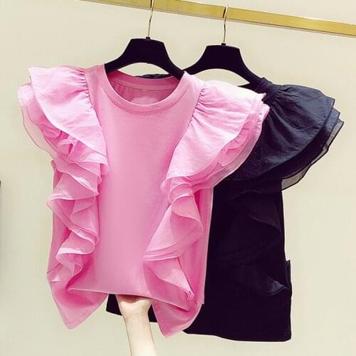 Chic Gauze Patchwork Flying Sleeve Tops Women Sweet Ruffles Solid T-shirt Femme New Fashion O-neck All Match Ropa Mujer