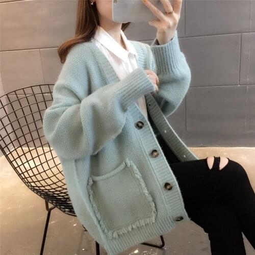 V-neck Pocket Decoration Lazy Sweater Female Long-sleeved Single-breasted V-neck Knitted Cardigan Sweater Women Spring Autumn