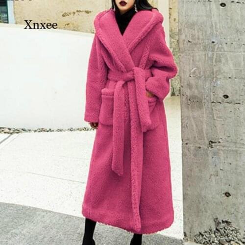 Winter Solid Long Coats Slim Full Sleeves Teddy Thicken Warm with Belt Coats Outwear with Pockets Fashion Coats Overcoat Clothes