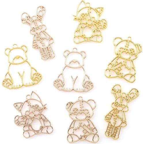 2PC/Set Cute Rose Gold Bear Rabbit Fox Metal Hollow Animal Frame Pendant Gold Charm Bezel Setting DIY UV Resin Charm