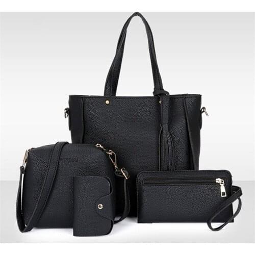 4Pcs Women Set Top-Handle Card Holder Tassel Handbag Shoulder Bag Wallet Ladies PU Leather Large Capacity Women Crossbody Bag