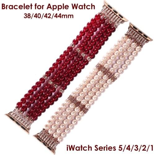 Handmade Beaded Bracelet for Apple Watch Band 38mm 40mm 42mm 44mm Iwatch Series 5/4/3/2/1 Elastic Stretch Pearl Straps Bling Red