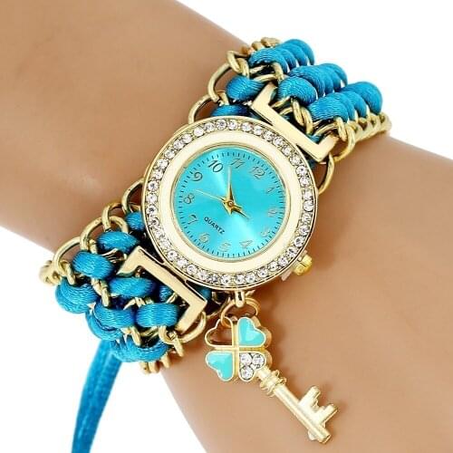 Top Lace Watch Women Fashion Golden Chain Key Charm Rhinestone Wristwatch Girl Bracelet Quartz