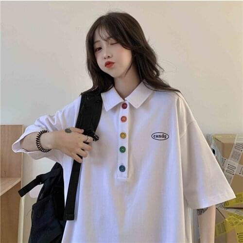 Preppy Style Polot Shirt Colorful Buttons Kawaii White Polo Top Women Short Sleeve Tops Harajuku Summer Loose Vintage T shirts