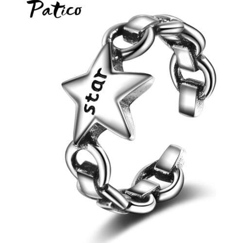 Gothic 925 Sterling Silver Vintage Pentagram Thai Silver Ring Retro Lock Chain Letter Star Open Adjustable Ring Jewelry