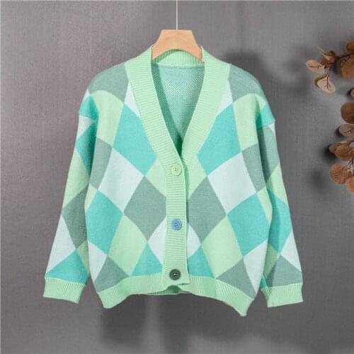 2021 V Neck Knit Oversize Female Cardigan Winter Argyle Single-Breasted Women Sweater coat Autumn Loose Knitted Cardigan Jacket