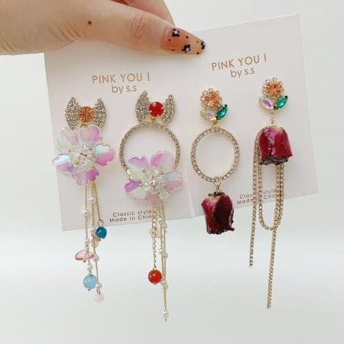 Korean Flower Drop Women Earrings 2021 Trend Ladies Fashion Colorful Stone Chain Tassel Summer Holiday Brincos Jewelry