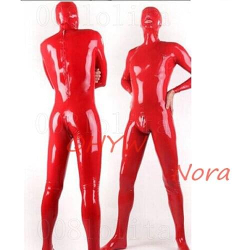 Red Latex Catsuit with Hoods Socks Back Zipper Rubber Man Handsome Bodysuit Catsuit Size XXS-XXL Halloween Cosplay Costumes