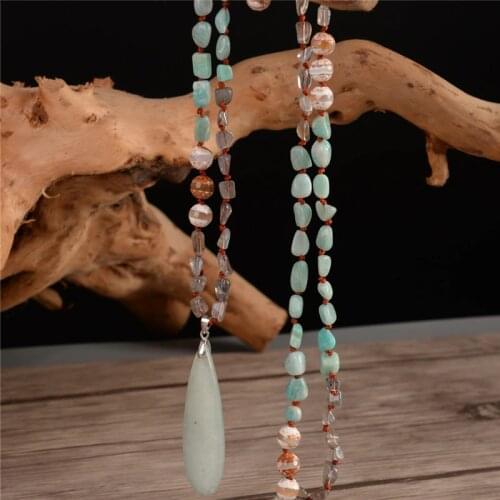 Fashion Bohemian Necklace Jewelry Natural Knotted Stone Amazonite Pendant Necklace Connector Dropshipping