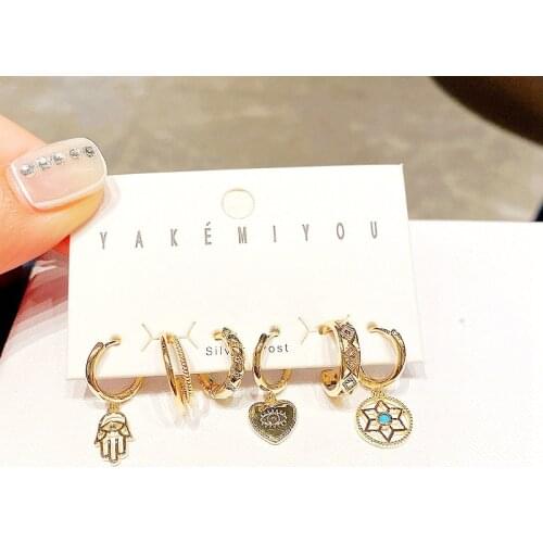 Trendy 6pcs Mixed Evil Eye Heart Hamsa Hand Hanging Earrings Set for Women Gold Color Plated Jewelry