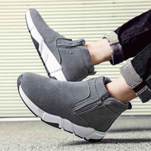 Mens Snow Boots Non-slip Outdoor Mens Shoes Warm and Velvet Grey Black Boots Cotton Shoes Korean Fashion Casual Sports Shoes