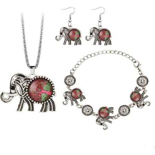 A Set Retro Turquoise elephant Jewelry Sets Pendant Earring Bracelet Necklace Fashion Handmade Amulet Gifts Her Woman